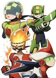  1boy absurdres arm_cannon armor assault_visor black_hair double_soul_(mega_man) fire fireman.exe green_armor green_helmet helmet highres long_hair male_focus mega_man_(series) mega_man_battle_network_(series) megaman.exe multiple_views noro_zt numberman.exe protoman.exe red_helmet scouter searchman.exe spiky_hair weapon 