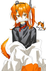  1girl a.i._voice absurdres adachi_rei animal_collar animal_ears black_shirt bone_in_mouth collar dog_ears dog_girl dog_tail floppy_ears hair_ribbon highres hirune_(suiminbusoku118) jacket kemonomimi_mode looking_at_viewer off_shoulder one_side_up orange_eyes orange_hair ribbon shirt solo tail upper_body utau white_background white_jacket 