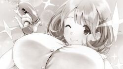  1girl belt belt_bow blunt_bangs breasts energy_gun frilled_sleeves frills game_cg gloves greyscale hair_ornament hairclip heart heart_hair_ornament highres holding_ray_gun huge_breasts impossible_clothes monochrome narusawa_ryouka non-web_source occultic;nine official_art one_eye_closed pako ray_gun science_adventure shiny_eyes shirt short_hair sleeveless sleeveless_shirt smile solo striped_belt weapon white_gloves 