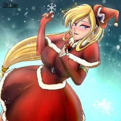  android armor axasempai berkana_(mega_man) blonde_hair blue_eyes blush breastplate breasts capcom capelet chest_jewel christmas_ornaments christmas_sweater dress elbow_gloves fingerless_gloves fur-trimmed_capelet fur_trim gloves green_ribbon hair_between_eyes hair_over_shoulder hair_ribbon hat headphones jeweled_hat joints large_breasts long_hair looking_to_the_side makeup mega_man_(series) mega_man_x_(series) mega_man_xtreme_2 miniskirt red_skirt ribbon robot robot_girl robot_joints santa_hat shoulder_spikes sidelocks skirt smile spikes underbust witch 