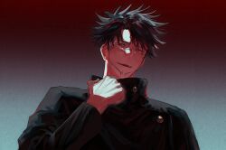  1boy alternate_form black_hair extra_eyes facial_tattoo high_collar highres jujutsu_kaisen jujutsu_tech_uniform long_sleeves male_focus mawaru_(ajan) red_eyes ryoumen_sukuna_(jujutsu_kaisen) short_hair smile solo spiky_hair spoilers tattoo teeth tongue upper_body upper_teeth_only 