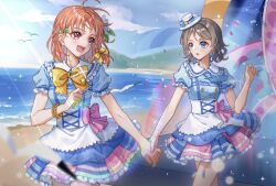  2girls absurdres ahoge alphive anchor anchor_ornament anchor_symbol beach bird blue_eyes blush bow bowtie bracelet brown_hair clouds cloudy_sky confetti dress earrings frills grey_hair hand_up hat highres holding_hands jewelry kimi_no_kokoro_wa_kagayaiteru_kai? light_particles looking_at_another looking_to_the_side love_live! love_live!_sunshine!! multiple_girls necktie ocean open_mouth orange_hair pleated_skirt seagull single_earring skirt sky smile stage takami_chika thighs walking watanabe_you water 