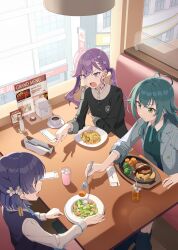  3girls blue_eyes booth_seating character_request gakuen_idolmaster green_eyes green_hair hamburger_steak highres idolmaster index_finger_raised looking_at_another menu_board multiple_girls napkin napkin_holder open_mouth plate purple_hair quarterlift salad shadow sitting sunlight table twintails window 