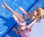  barefoot bikini blonde_hair cynthia_marguerite down_blouse estel_freesia feet from_above long_hair long_legs looking_up mocha pool purple_eyes purple_hair red_eyes short_hair smile swimsuit toes water yoake_mae_yori_ruri_iro_na 