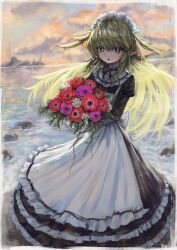  1girl :o absurdres ahoge apron back_bow black_bow black_bowtie black_dress black_souls bouquet bow bowtie bright_pupils buttons clouds collared_dress commentary dress evening floating_hair flower frilled_apron frilled_dress frills full_body green_eyes green_hair hair_between_eyes hair_flaps hair_tie highres holding holding_bouquet horizon juliet_sleeves leaf_(black_souls) light_particles long_dress long_hair long_sleeves looking_at_viewer maid maid_apron maid_headdress ocean open_mouth outdoors pink_flower pointy_ears puffy_sleeves red_flower reflection reflective_water rock ropeperson sidelocks solo standing sunlight two_side_up very_long_hair water white_apron white_bow white_flower 