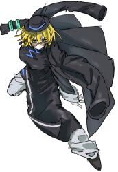  1girl black_coat black_dress black_gloves black_hat black_shoes blonde_hair breasts brown-tinted_eyewear china_dress chinese_clothes cinq_association_east_uniform coat coat_on_shoulders don_quixote_(project_moon) dress earrings full_body gaipbqtnd335876 glasses gloves hat highres jade_bracelet jewelry limbus_company long_sleeves looking_at_viewer ofuda_earrings opaque_glasses pants partially_opaque_glasses partially_opaque_sunglasses project_moon round_eyewear shoes short_hair simple_background single_earring single_glove solo standing tilted_headwear tinted_eyewear white_background white_pants yellow_eyes 