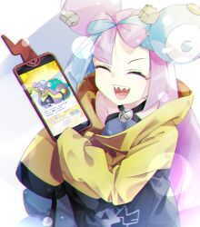  1girl bare_shoulders bellibolt blue_hair bow-shaped_hair breasts character_hair_ornament closed_eyes criss-cross_halter fake_hair_bun gorilla_(bun0615) hair_ornament halter_shirt halterneck hexagon_print highres iono_(pokemon) jacket long_hair low-tied_long_hair magnemite medium_breasts multicolored_hair open_mouth oversized_clothes pink_hair pokemon pokemon_masters_ex pokemon_sv rotom rotom_phone sharp_teeth sleeves_past_fingers sleeves_past_wrists smile solo split-color_hair teeth very_long_sleeves x yellow_jacket 