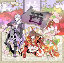  2boys armor brown_hair crtr_melco flag flower frown green_eyes hand_fan headband holding holding_fan holding_flag holding_polearm holding_sword holding_weapon ishida_mitsunari_(sengoku_basara) japanese_armor jinbaori katana long_hair male_focus multiple_boys on_one_knee polearm ponytail red_eyes red_headband sanada_yukimura_(sengoku_basara) sengoku_basara sheath sheathed short_hair spear sword weapon white_hair 