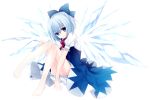  1girl bare_legs barefoot bloomers blue_eyes blue_hair bow cirno feet hair_bow hands koto_(colorcube) looking_at_viewer short_hair sitting solo touhou wings 
