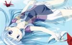  1girl blue_eyes blue_hair blunt_bangs highres kannagi looking_at_viewer nagi origami parted_lips partially_submerged skirt solo wallpaper water wet wet_clothes 