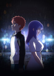  1boy 1girl absurdres back-to-back black_jacket brown_eyes brown_hair commentary_request dress emiya_shirou fate/stay_night fate_(series) heaven&#039;s_feel highres jacket long_hair long_sleeves matou_sakura multicolored_jacket night outdoors purple_hair rain short_hair violet_eyes white_dress white_jacket yuuko-san 