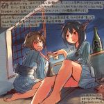  2girls alcohol alternate_hairstyle bare_legs barefoot black_hair braid brown_eyes brown_hair commentary_request dated hand_on_own_chin headgear japanese_clothes kantai_collection kirisawa_juuzou multiple_girls mutsu_(kantai_collection) nagato_(kantai_collection) obi red_eyes sake sash single_braid sitting smile traditional_media translation_request twitter_username 