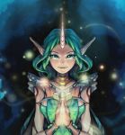  1girl alternate_costume bracelet breasts green_eyes green_hair green_lipstick hands_clasped horn jewelry league_of_legends lipstick long_hair makeup pointy_ears smile solo soraka tattoo very_long_hair 