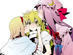  alice_margatroid blonde_hair blush capelet cheek_kiss closed_eyes girl_sandwich hair_kiss kirisame_marisa kiss mb multiple_girls no_hat no_headwear patchouli_knowledge petting surprised tears touhou youko_(pixiv502346) youko_(santarose) yuri 