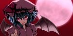  bad_id bat_wings blue_hair bust fangs fingernails full_moon hat long_fingernails looking_at_viewer moon nanatsume pink_eyes pointing pointing_at_viewer red_moon red_sky remilia_scarlet short_hair solo touhou wings 