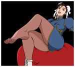  breasts brown_hair bun_cover capcom china_dress chinese_clothes chun-li double_bun feet hair_buns lipstick pantyhose ribbon ribbons single_shoe street_fighter street_fighter_ii thighs toes 