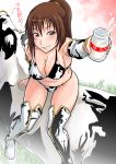  brown_hair cow cow_print highres milk myp2_(artist) original ponytail solo swimsuit thigh-highs thighhighs 