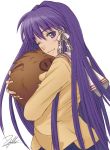  clannad fujibayashi_kyou long_hair purple_eyes purple_hair ribbon ribbons school_uniform signature violet_eyes wink yukihiro 