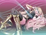  bad_id bare_shoulders blue_eyes boots breasts headphones knee_boots large_breasts lipstick long_hair long_skirt lying megurine_luka midriff nail_polish pizza_(artist) side_slit thigh-highs thighhighs upskirt very_long_hair vocaloid xpizzeriax 