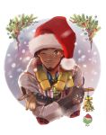  1boy ;) black_hair blonde_hair brown_eyes casual christmas dark_skin facial_hair fingerless_gloves gloves goatee gradient_hair hairlocs hat headphones headphones_around_neck jewelry long_hair lucio_(overwatch) male_focus mistletoe multicolored_hair one_eye_closed overwatch peyoberry plaid plaid_shirt ring santa_hat shirt smile solo 