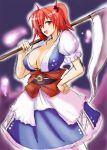  cleavage hair_bobbles hair_ornament huge_breasts onozuka_komachi open_mouth red_eyes red_hair redhead scythe touhou twintails yasakani_an 