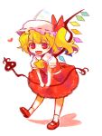  blonde_hair chaba_(hortensia) fang flandre_scarlet hat hat_ribbon heart laevatein leaning_forward red_eyes ribbon side_ponytail touhou wings 