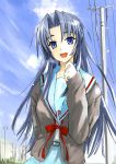  blue_eyes blue_hair cardigan funeral_(artist) funeral_(pixiv_471657) long_hair power_lines school_uniform sumisi suzumiya_haruhi_no_yuuutsu telephone_pole 