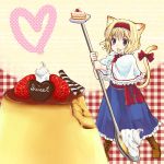  animal_ears blonde_hair blue_eyes boots cake cat_ears cat_tail chocolate food fruit hairband heart mari_(pixiv) oversized_object pastry ribbon ribbons sarukimo spoon strawberries strawberry tail touhou 