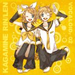  blue_eyes buzz hair_ornament hairclip hand_holding holding_hands kagamine_len kagamine_rin necktie short_hair siblings squat squatting twins vocaloid wave waving wink 