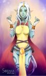  1girl bandages belt blue_skin bracelet breasts cape dated horn jewelry league_of_legends long_hair long_nails lykaios necklace pointy_ears pouch sideboob smile solo soraka tattoo very_long_hair white_hair yellow_eyes 