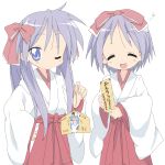  2girls core_(mayomayo) hiiragi_kagami hiiragi_tsukasa japanese_clothes lucky_star miko multiple_girls purple_hair wink 