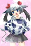  aqua_eyes blue_eyes cow_print geroro hoodie open_mouth tail twintails 