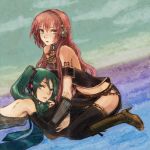  boots detached_sleeves green_hair hatsune_miku kneeling kno kno_(anahita) long_hair megurine_luka pink_hair thigh-highs thighhighs twintails vocaloid 