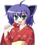  animal_ears candy_apple cat_ears green_eyes japanese_clothes kimono kyouran_kazoku_nikki licking lollipop midarezaki_kyouka narumi_aoi purple_hair quality short_hair tongue yukata 