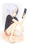  bandage bandages barefoot bikko blue_eyes cellphone chi_(pixiv2035) chikuyama cigarette feet multicolored_hair nail_polish original phone rolling_stones scar short_hair shorts sitting smoking t-shirt the_rolling_stones toenail_polish 