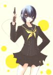  blue_hair gun handgun houndstooth persona persona_4 revolver sakurasawa_yukino school_uniform serafuku shirogane_naoto short_hair skirt weapon 