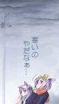  blue_eyes cat_ears coat highres hiiragi_kagami hiiragi_tsukasa jiei_son lucky_star power_lines purple_hair scarf translated translation_request 