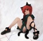  braid cat_ears cat_tail covering covering_crotch dress fang highres kaenbyou_rin leg_ribbon long_hair madokan_suzuki multiple_tails no_socks open_mouth red_eyes red_hair redhead ribbon ribbons spread_legs tail touhou twin_braids twintails 