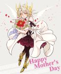  1girl black_skirt blush boots bouquet drag-on_dragoon_3 female flower genderswap horns mikhail_(drag-on_dragoon) mother&#039;s_day open_mouth pantyhose personification shinzui_(fantasysky7) skirt smile solo white_hair yellow_eyes 