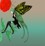  antenna butterflies butterfly detached_sleeves flower green_hair hatsune_miku head_wings headwings hoshino_hitsuki insect_girl ninn rose roses sitting thigh-highs thighhighs vocaloid 