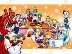  ^_^ alice_margatroid anger_vein animal_ears ascot azuki_osamitsu breasts chen chibi chopsticks cirno cleavage closed_eyes cup eating everyone food fruit green_tea grill hairband hakurei_reimu hat horns ibuki_suika inaba_tewi japanese_clothes kazami_yuuka kirisame_marisa knife konpaku_youmu kotatsu large_breasts long_hair marker mikan_seijin miko mochi moriya_suwako mug multiple_girls orange orange_background oranges party plaid_vest pyramid reisen_udongein_inaba reversi ribbon ribbons saigyouji_yuyuko short_hair shouzu_choukou sleeping smile squid table tea touhou wagashi wallpaper yagokoro_eirin yakumo_yukari yasaka_kanako 