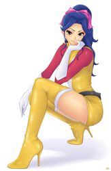 1girl blue_hair boots bow brown_eyes choudenji_machine_voltes_v elbow_gloves gloves hair_bow high_heel_boots high_heels highres khalitzburg legs long_hair miniskirt oka_megumi ponytail shoes skirt smile solo squatting thigh-highs thigh_boots thighhighs