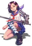  gauntlets hinomoto_hiro inomoto_hiro original purple_hair school_uniform short_hair skirt socks squat squatting sword weapon 
