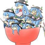  anger_vein arikichi_gen bad_id blue_hair blush chibi clone cup fang food fruit girl_in_a_cup hat hinanawi_tenshi in_container in_cup in_food minigirl peach sparkle sword sword_of_hisou time_paradox touhou weapon yawning 