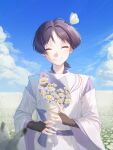  1boy bangs black_gloves blue_sky blunt_ends bouquet bow bug butterfly chabi009 closed_eyes clouds cloudy_sky daisy detached_sleeves field flower flower_field genshin_impact gloves grin happy highres holding holding_bouquet japanese_clothes jewelry kimono layered_shirt layered_sleeves long_sleeves male_focus mandarin_collar pants parted_bangs partially_fingerless_gloves purple_bow purple_hair purple_sash purple_shirt ring sash scaramouche_(genshin_impact) scaramouche_(kabukimono)_(genshin_impact) shirt short_hair sky smile solo string teeth white_pants white_shirt wide_sleeves 