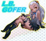  bare_shoulders boro breasts character_name cleavage cleavage_cutout crossed_legs dark_skin flat_chest forehead gloves grey_hair high_heels konami l.b._gofer long_hair looking_at_viewer naughty_face orange_eyes otomedius shoes sitting skirt solo thigh_strap 
