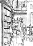  bad_id bat_wings bespectacled book bookshelf crescent glasses hair_ribbon hat head_wings kirusu koakuma lamp long_hair monochrome multiple_girls patchouli_knowledge ribbon ribbons touhou traditional_media voile wings 