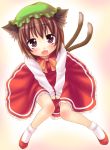  animal_ears blush bowtie brown_eyes brown_hair cat_ears cat_tail chen dress earrings fang from_above hat jewelry looking_up multiple_tails open_mouth ribbon ribbons saki_chisuzu sakichi_suzu short_hair tail touhou 