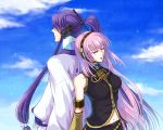  back-to-back back_to_back cloud clouds headset kamui_gakupo long_hair megurine_luka navel pink_hair purple_hair sky vocaloid 