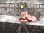  green_eyes green_hair honeydew_(artist) mizusawa_misuzu ribbon ribbons scarf sitting snow thigh-highs thighhighs twintails zettai_ryouiki 